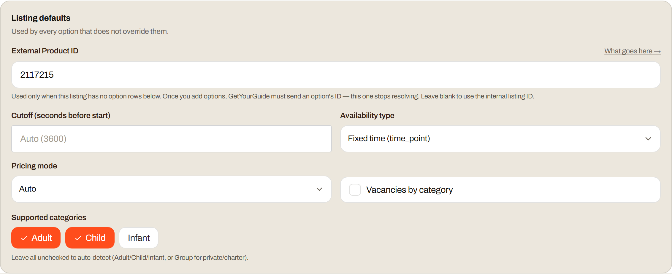 Listing defaults: External Product ID, cutoff, availability type, pricing mode, vacancies, categories