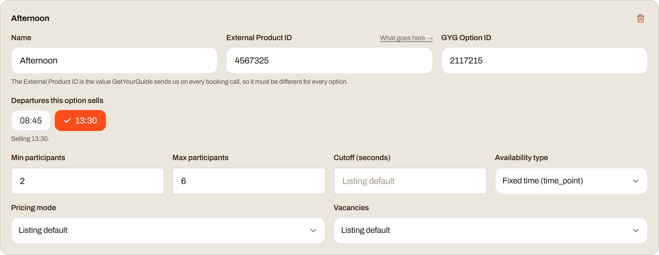 One option row: name, External Product ID, GYG Option ID, departures, participants