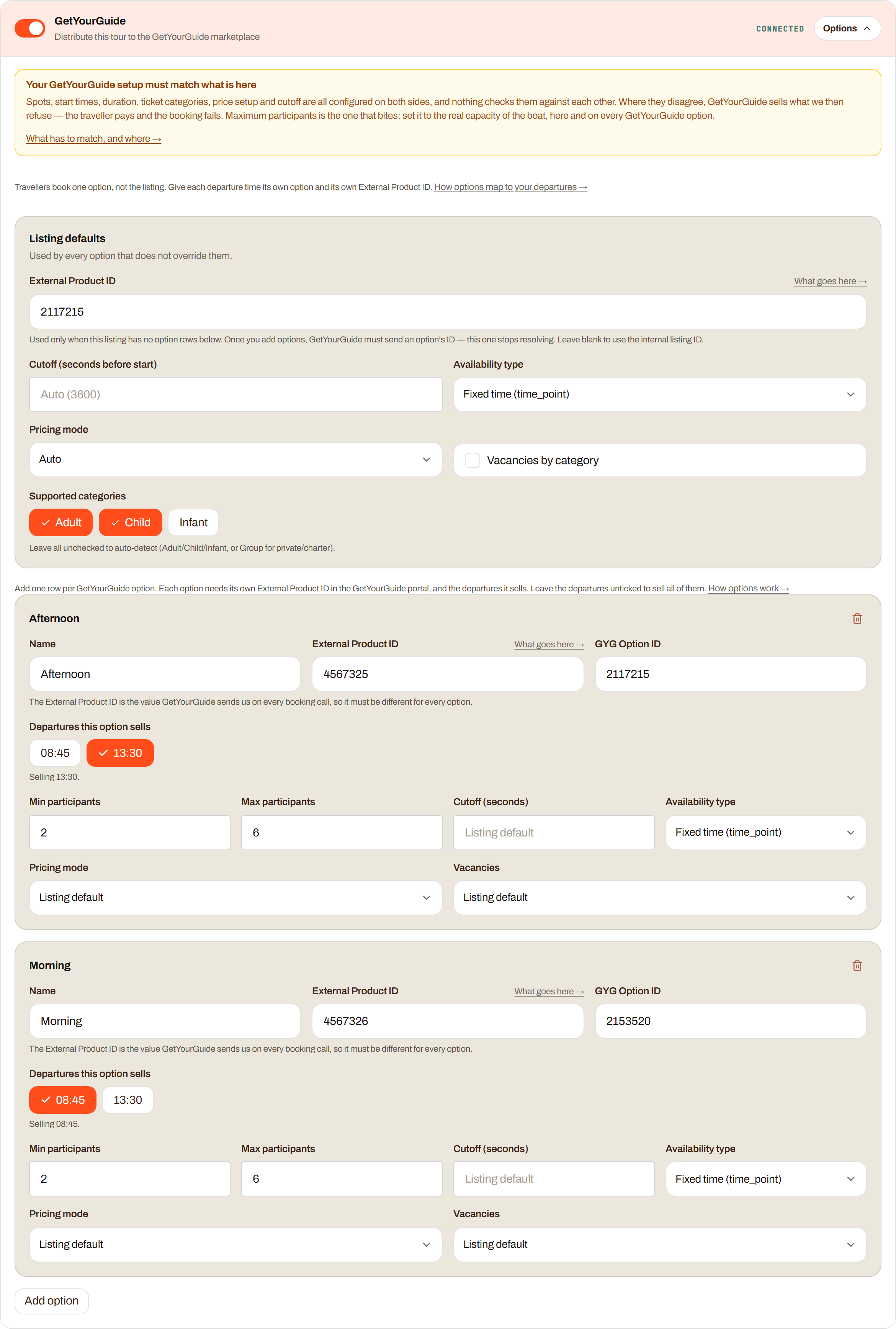 The GetYourGuide box in Step 9 of the listing wizard