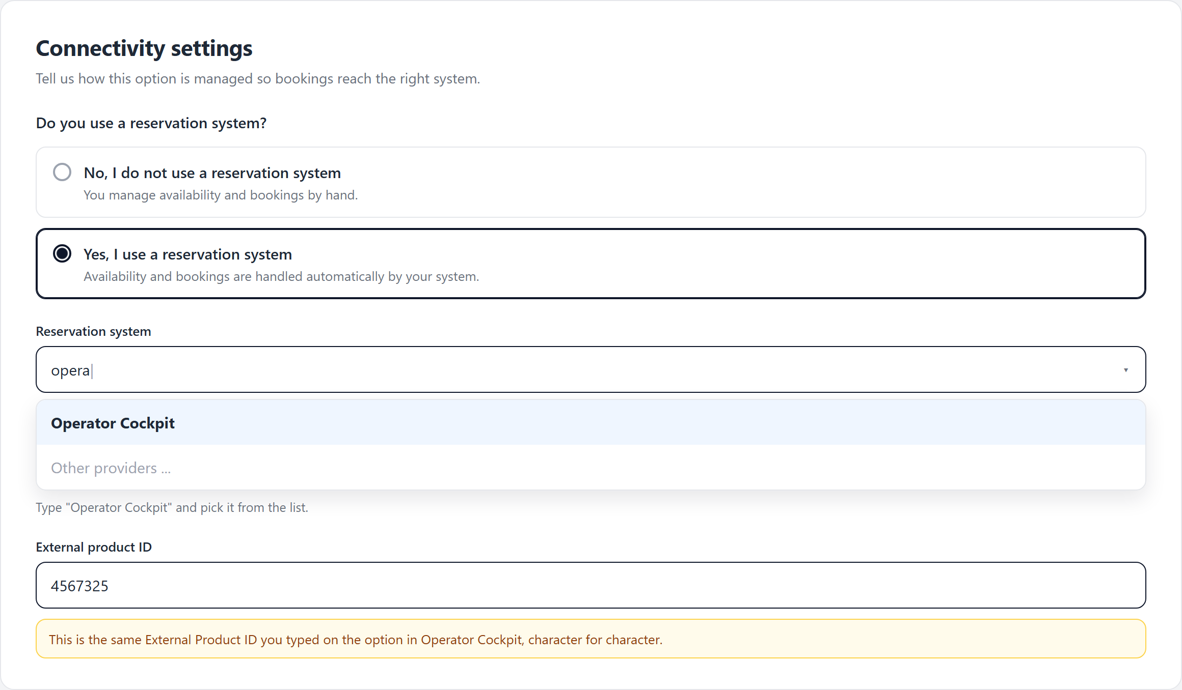 GetYourGuide connectivity settings: yes I use a reservation system, Operator Cockpit selected, external product ID filled in
