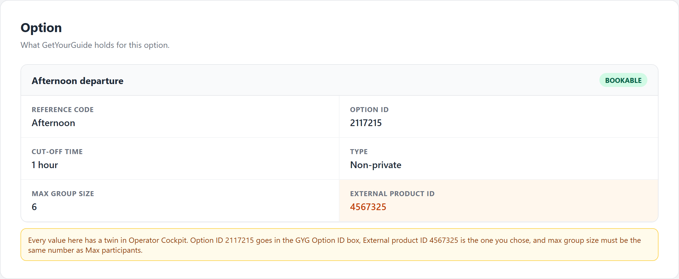 GetYourGuide option summary: reference code, option ID, cut off time, type, max group size, external product ID